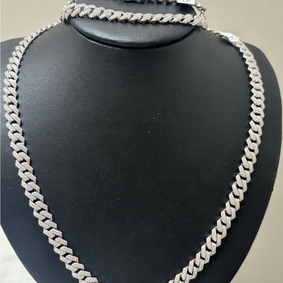 Genuine 925 Sterling Silver Iced Out Cuban Necklace & Bracelet Set - Picture 3 of 6